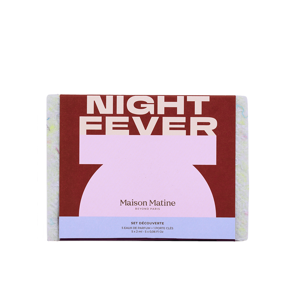 Maison Matine Night Fever Discovery Kit Eau de Pafum Shifumi Faire le mur Bain de minuit Disco inferno Un jour sans fin chrakterstark intim instinktiv kontrastreich Grapefruit Orangenblüte weißer Moschus Birne Jasmin Patchouli Kirsche Monoi Vanile Rose Frangipani Oud Pistazie floral fruchtig Schlüsselanhänger