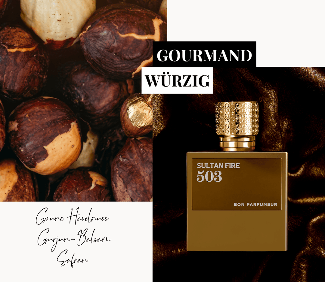Bon Parfumeur 503 Sultan Fire Les Elixirs mit goldenem Flakon und Haselnüssen sowie Safran und Gurjunbalsam
