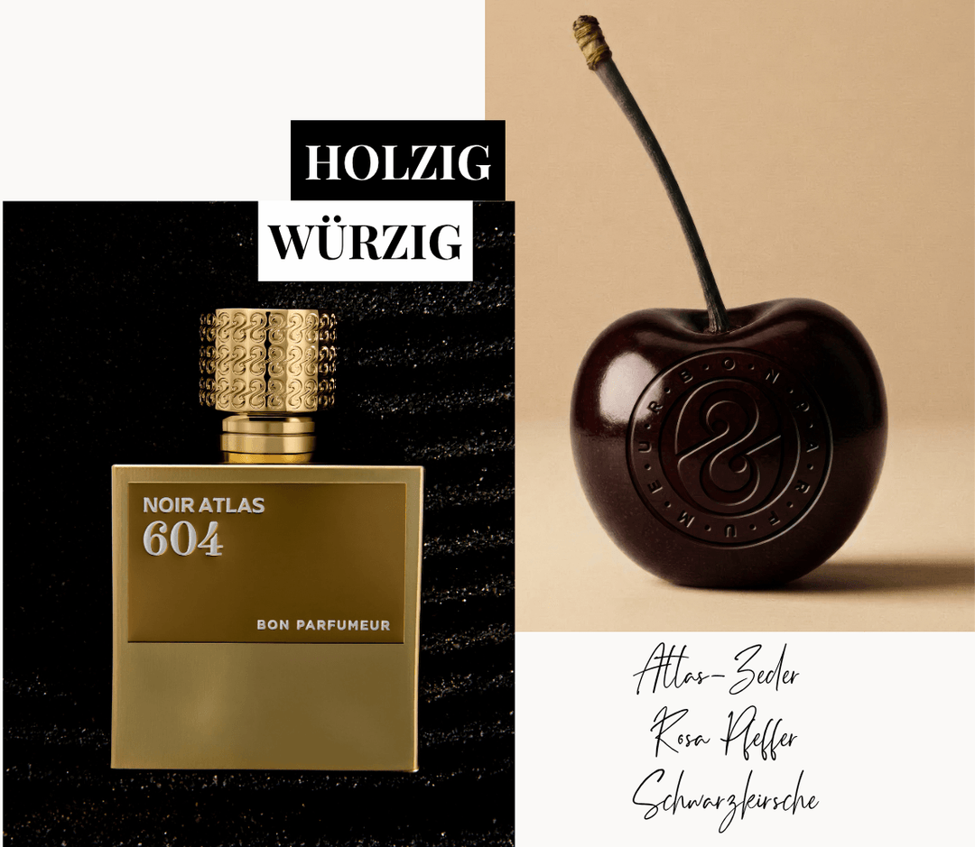 Bon Parfumeur 604 Noir Atlas Les Elixirs mit goldenem Flakon und Schwarzkirsche sowie Atlas Zeder und rosa Pfeffer