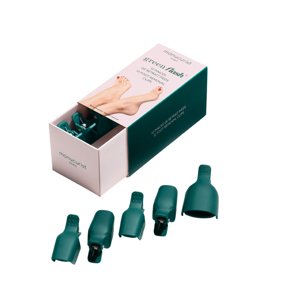 Manucurist Feet Removing Clips in grüner Verpackung mit mehreren Clips für die Green Flash™ Removal Routine an den Füßen.