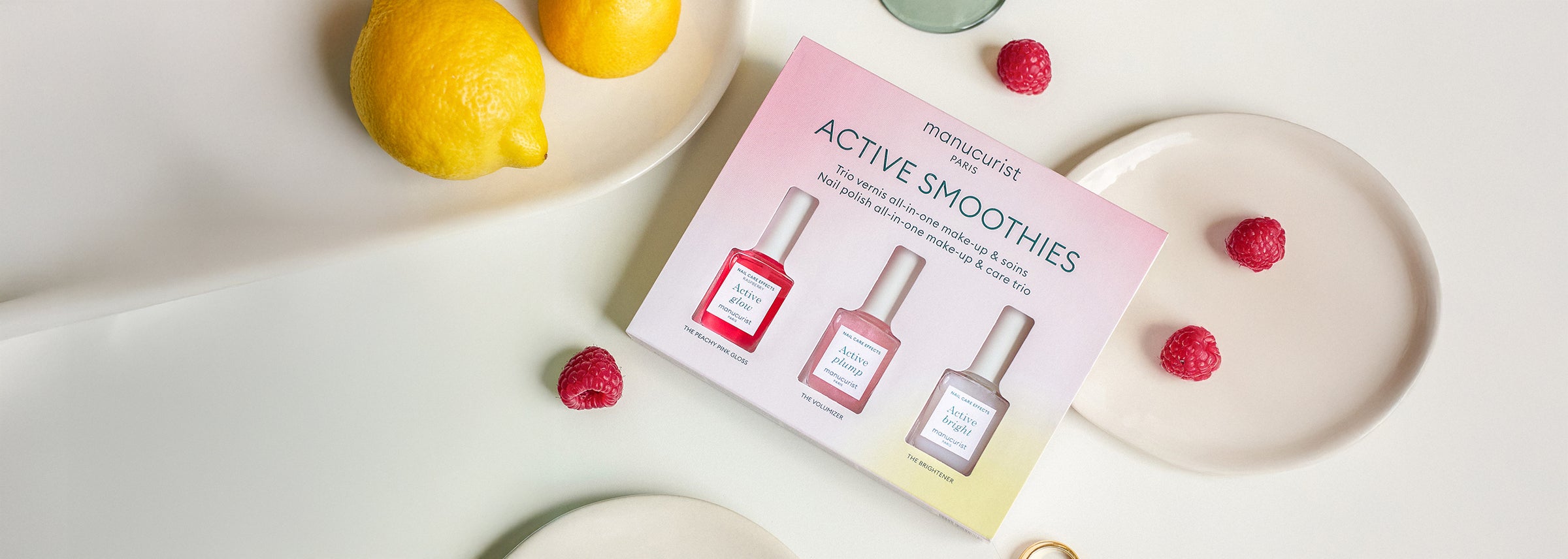Manucurist Active Smoothies Set mit Active Glow Raspberry, Active Plump und Active Bright im Mini-Format