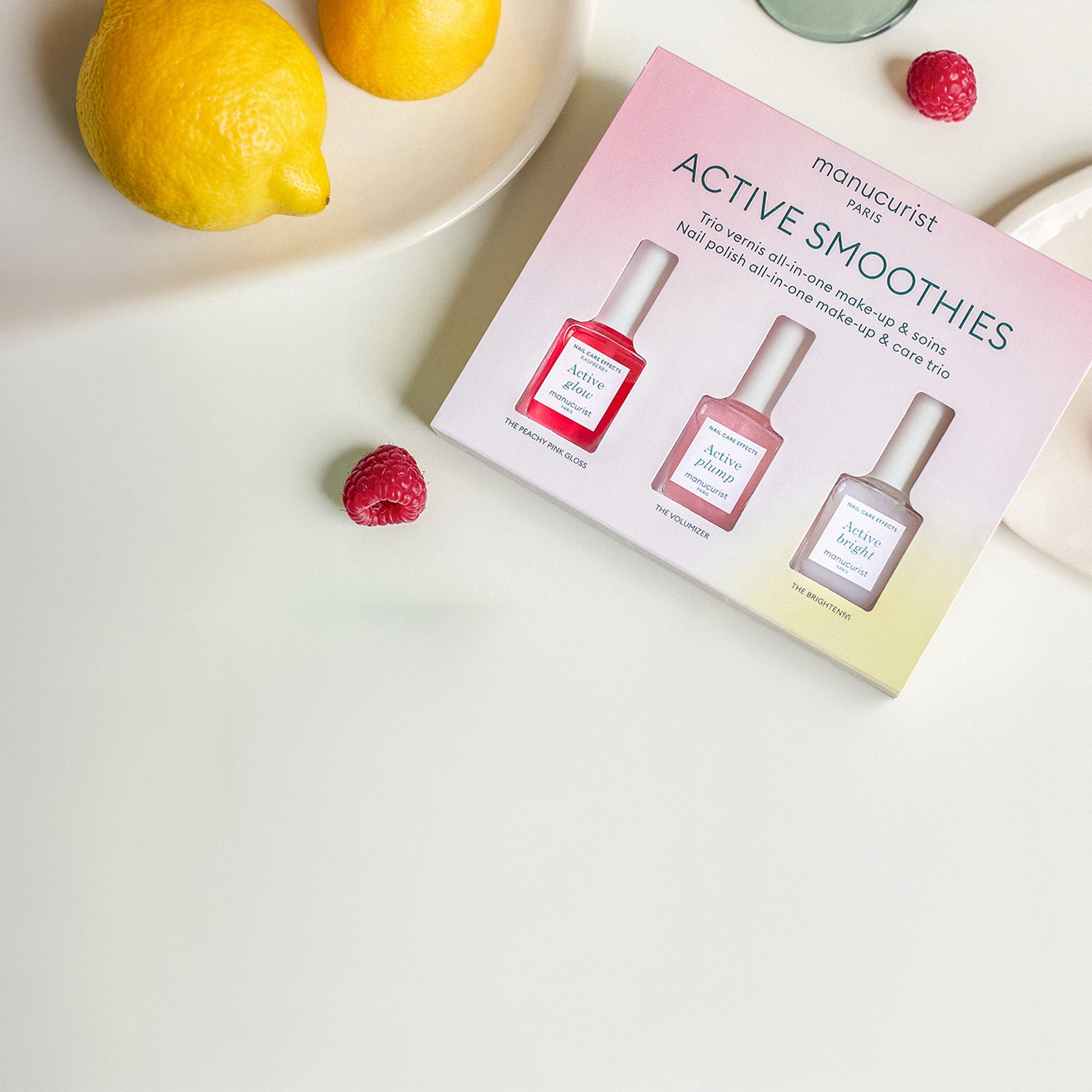 Manucurist Active Smoothies Set mit Active Glow Raspberry, Active Plump und Active Bright im Mini-Format