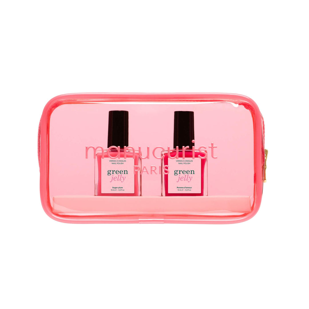 Manucurist Jelly Pouch mit den Jelly-Nagellacken Sugar Plum und Pomme d'Amour in transparenter pinker Tasche