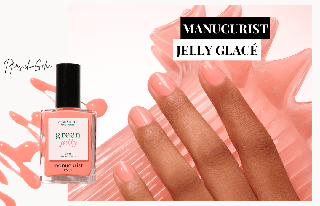 Manucurist Green Jelly Glacé – korallfarbener Jelly Nagellack mit pfirsichfarbenem Gelee-Effekt. Pink Jelly Nails